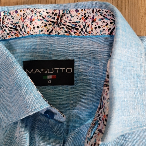Men's Size X Large Blue Button Down Massuto Dress Shirt Linen Cuffed Print - Picture 3 of 7